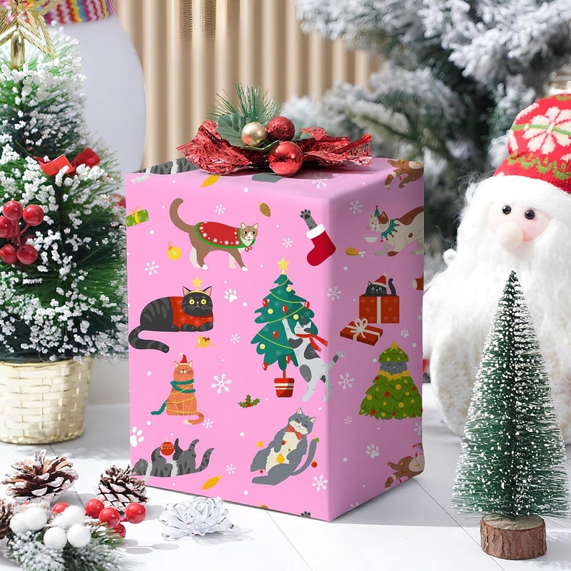 ZINTBIAL Cat Christmas Wrapping Paper - Pink Xmas Gift Wrap with Festive Cats, Holiday Trees and Snowflakes Design - Perfect for Cat Lovers, Kids & Adults Gift Wrapping - 40×28 Inches, 4 Folded Sheets - Image 5